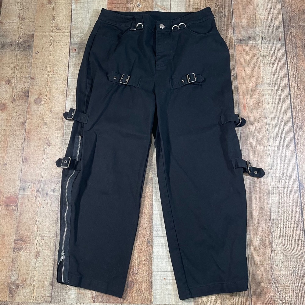 Banned Alternative Black Bondage Pants Large Zip Flare Buckle Goth Punk Y2K